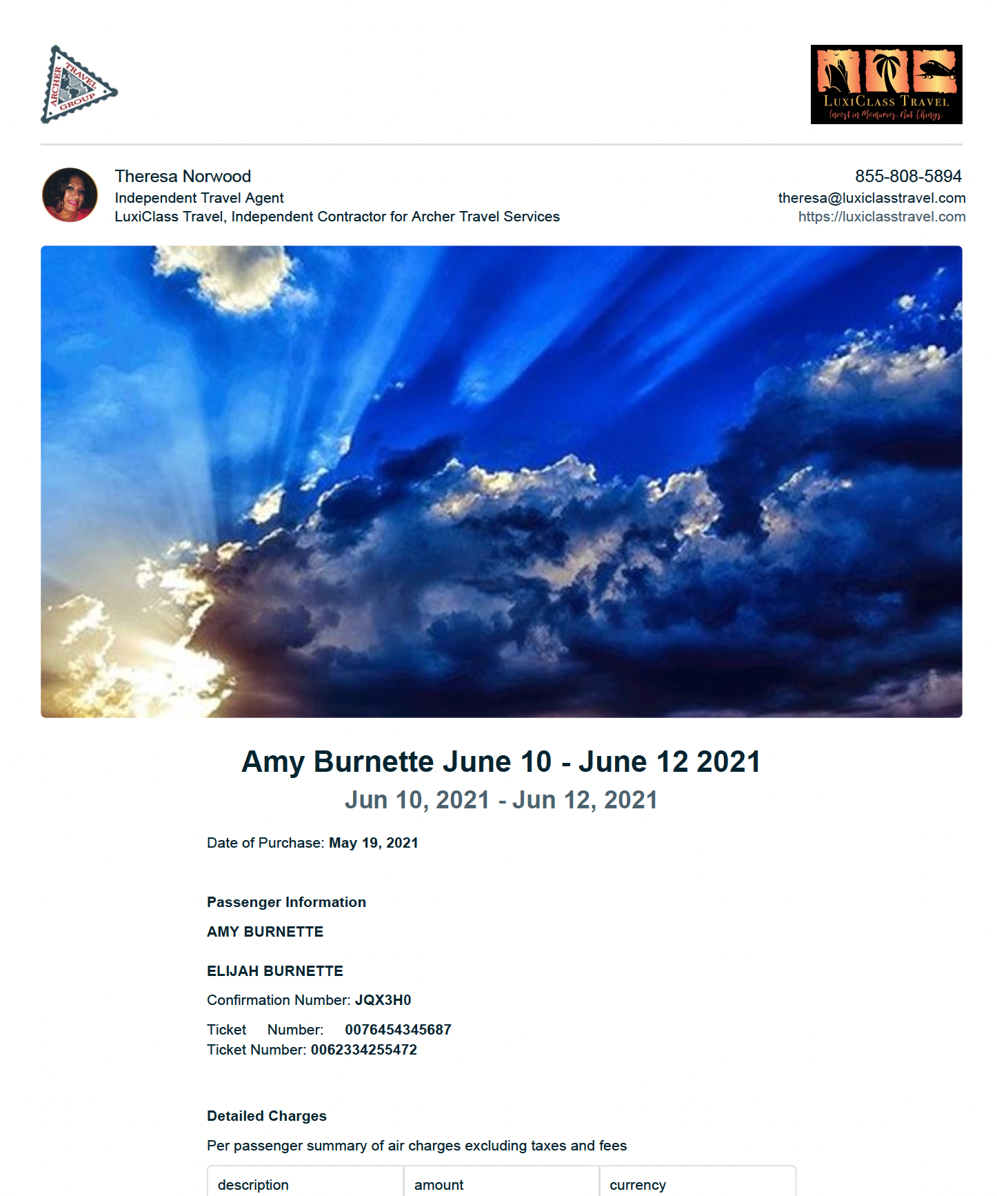 Sample client travel itinerary